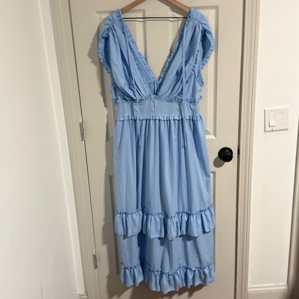 Shein Curve Maxi Dress Womens 2XL Light Blue Ruffle Tiered V-Neck Summer Boho